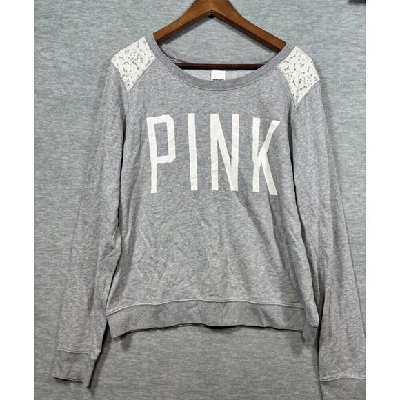 Victorias Secret Pink Logo Sweatshirt With Lace Shoulders L - Picture 1 of 5